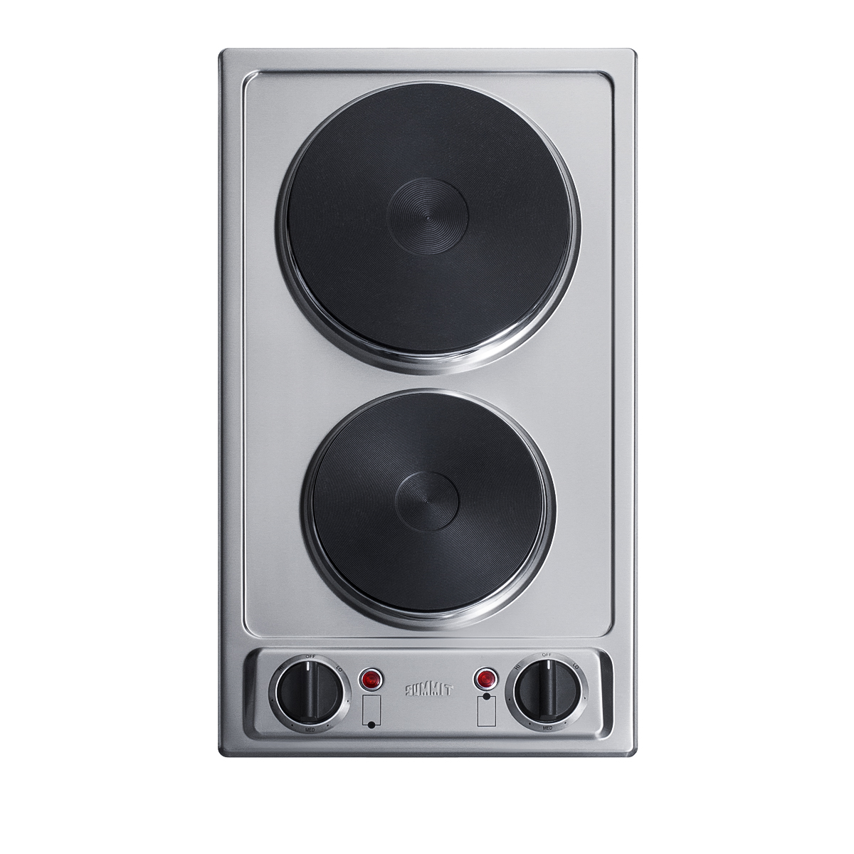 115V 2-burner electric cooktop in stainless steel with solid disk cast iron elements and a pre-installed cord with plug